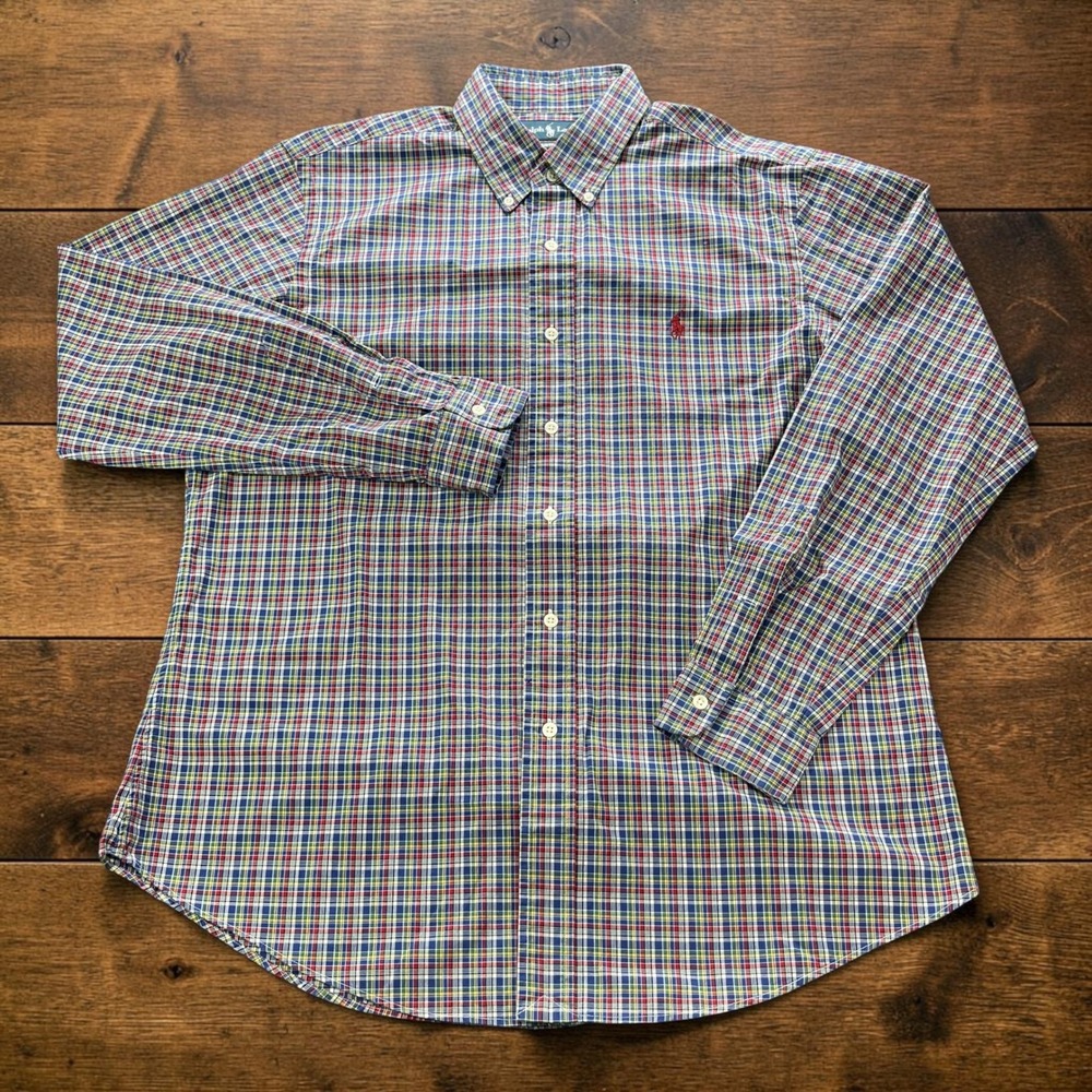Polo Ralph Lauren Men L Custom Fit Multi Color Plaid Button Down Shirt LS
